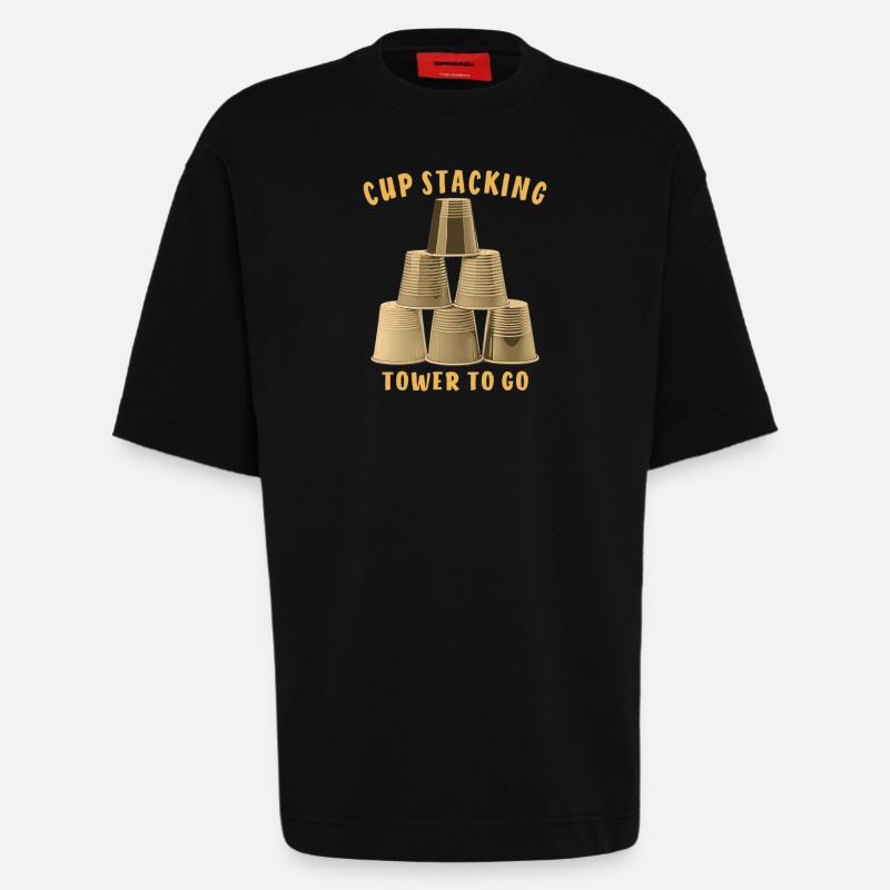 CUP STACKING TOWER TO GO - Heavyweight T-Shirt - made by SPREAD  - SOLID BLACK