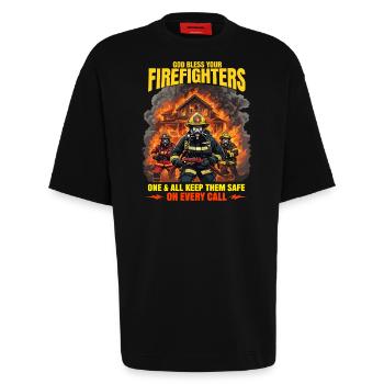 God Bless Firefighters Heroic Design - Heavyweight T-Shirt - made by SPREAD  - SOLID BLACK - Front - Fiona (171cm)
