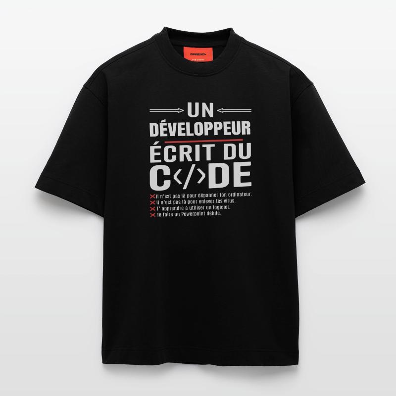 Un développeur écrit du code humour programmation T-shirt bio épais oversize fabriqué en UE