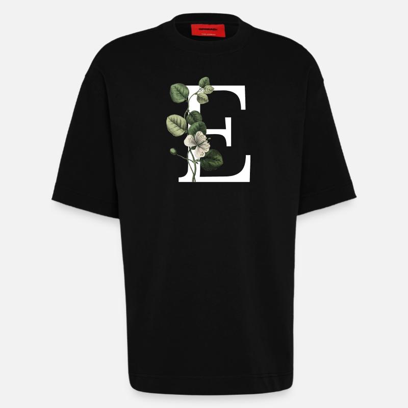 lettre e botanique vert - T-shirt bio épais oversize fabriqué en UE - SOLID BLACK