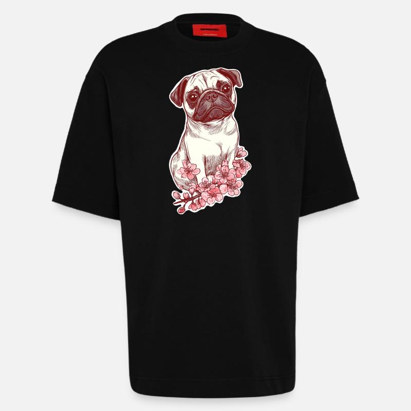Mops mit Blüten - Heavyweight T-Shirt - made by SPREAD  - SOLID BLACK