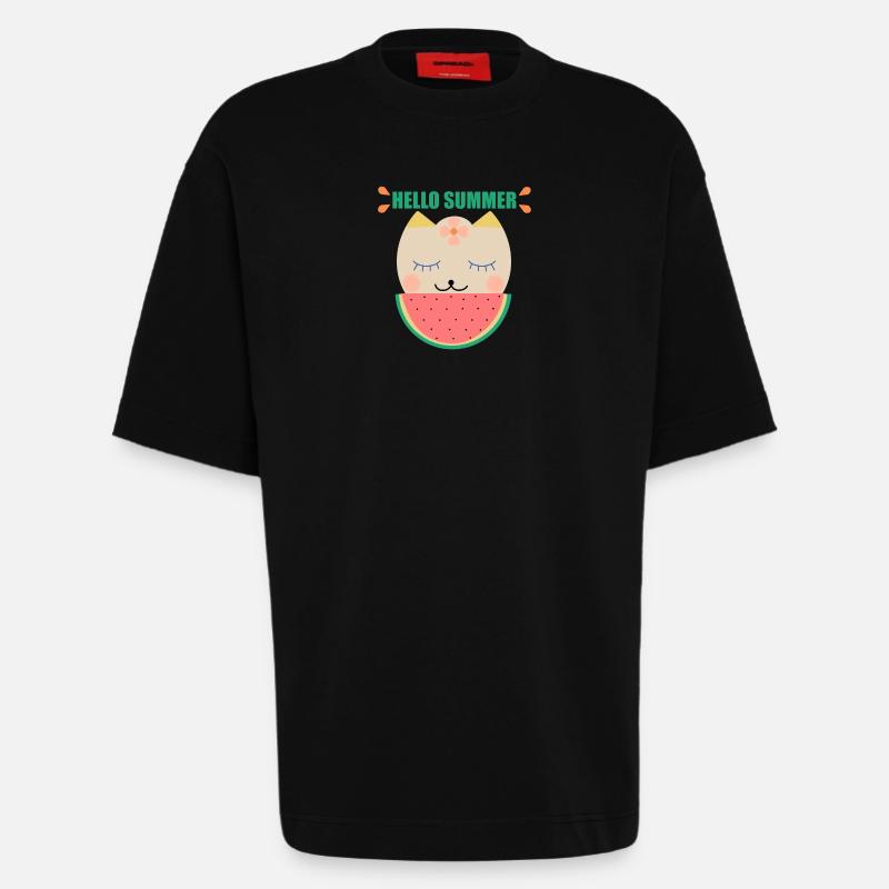 Chat d’été et pastèque - T-shirt bio épais oversize fabriqué en UE - SOLID BLACK