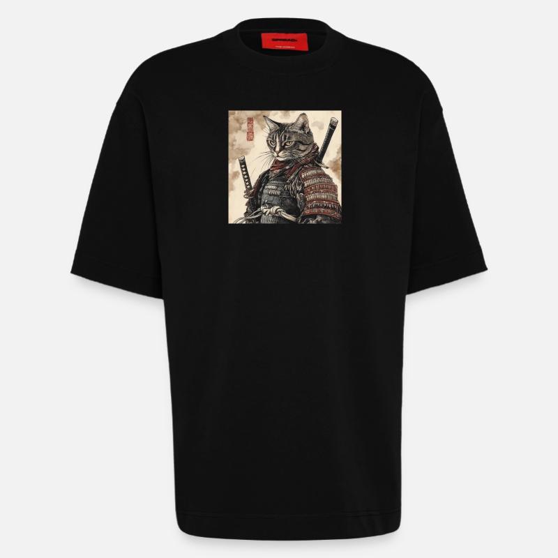 Katze Samurai Japan Ukiyo-E - Heavyweight T-Shirt - made by SPREAD  - SOLID BLACK