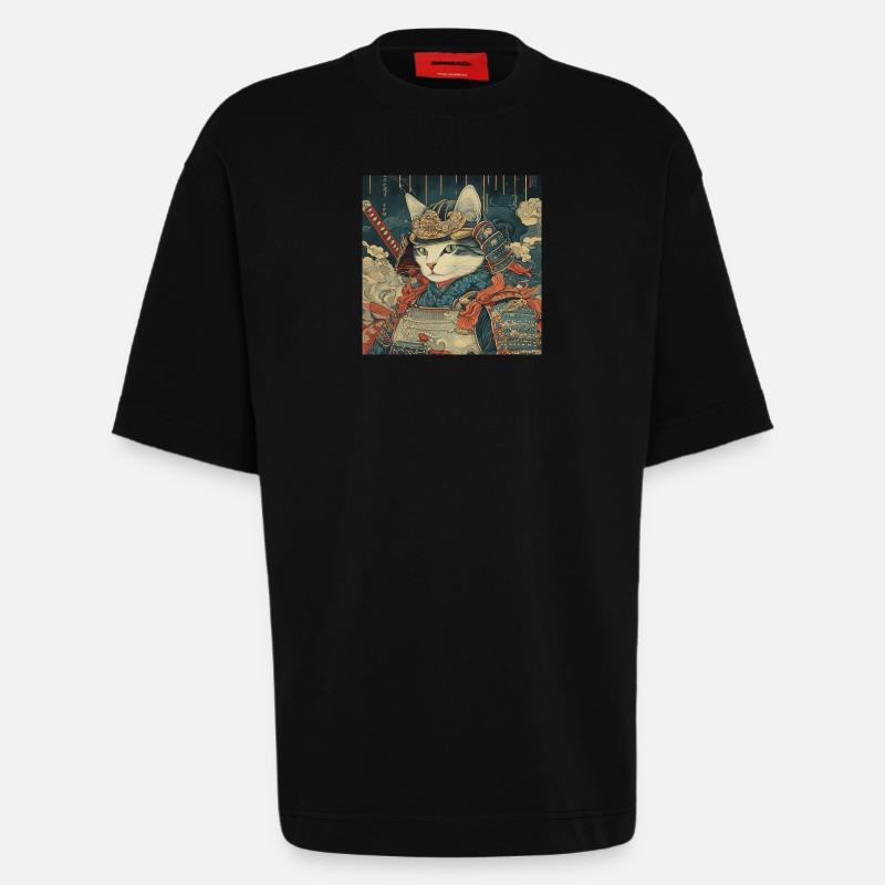 Katze Samurai Japan Ukiyo-E - Heavyweight T-Shirt - made by SPREAD  - SOLID BLACK