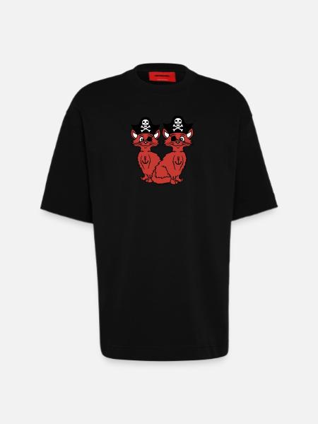 2 Pirate Cats Sabre Buccaneer Eye Patch Team - Heavyweight oversized organic T-shirt made in EU - SOLID BLACK