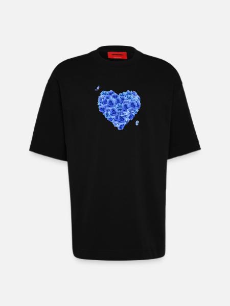 Blue floral heart - Heavyweight T-Shirt - made by SPREAD  - SOLID BLACK