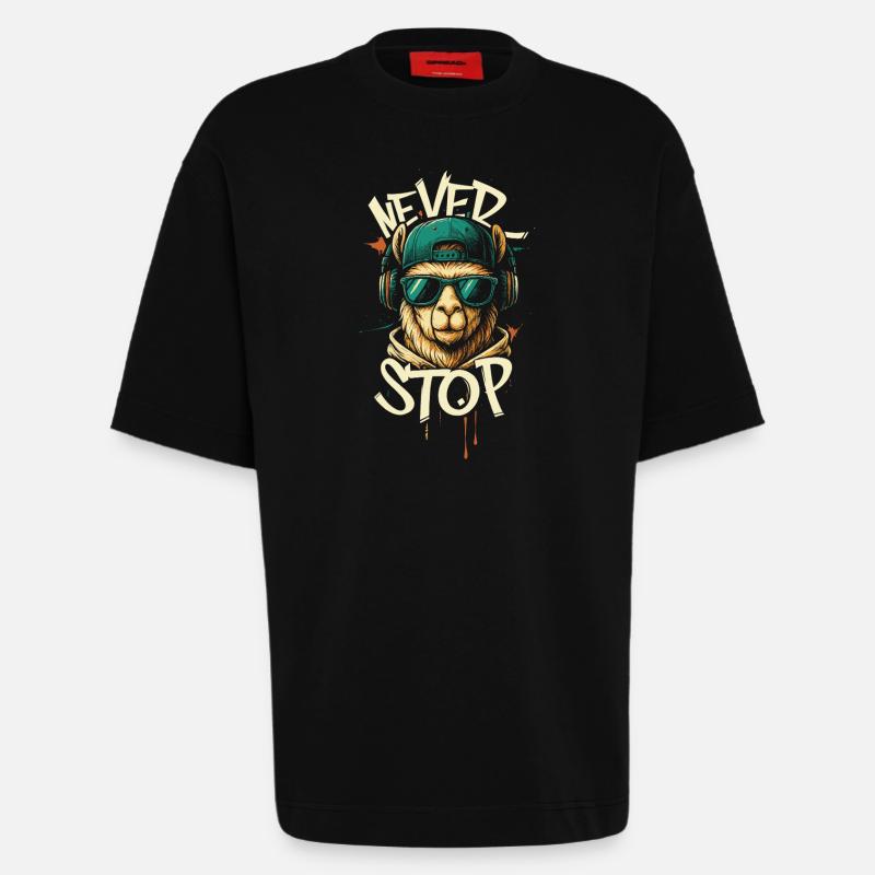 Llama DJ Never Stop - Heavyweight T-Shirt - made by SPREAD - SOLID BLACK