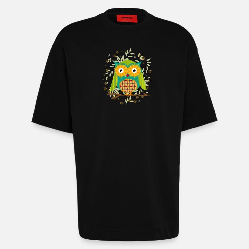 kunstvoll gestaltete Eule mit Patchwork-Muster - Heavyweight T-Shirt - made by SPREAD  - SOLID BLACK