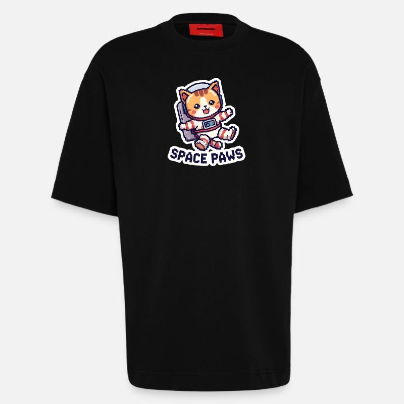 Space Paws – Pixel Cat in Space - Heavyweight T-Shirt - made by SPREAD  - SOLID BLACK
