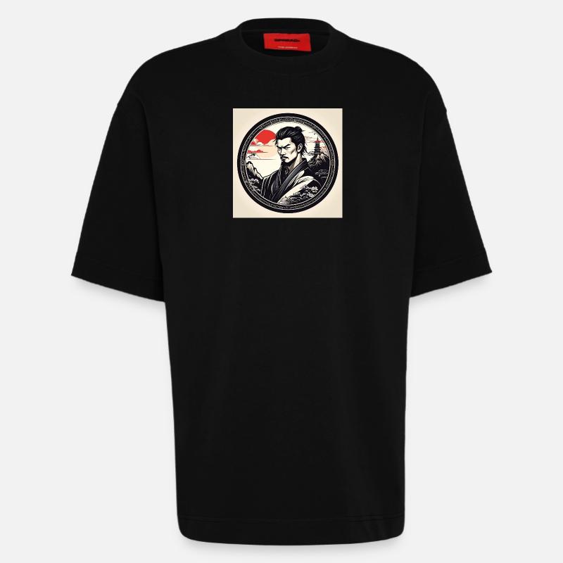 Samurai in circle frame sunset - Heavyweight T-Shirt - made by SPREAD  - SOLID BLACK
