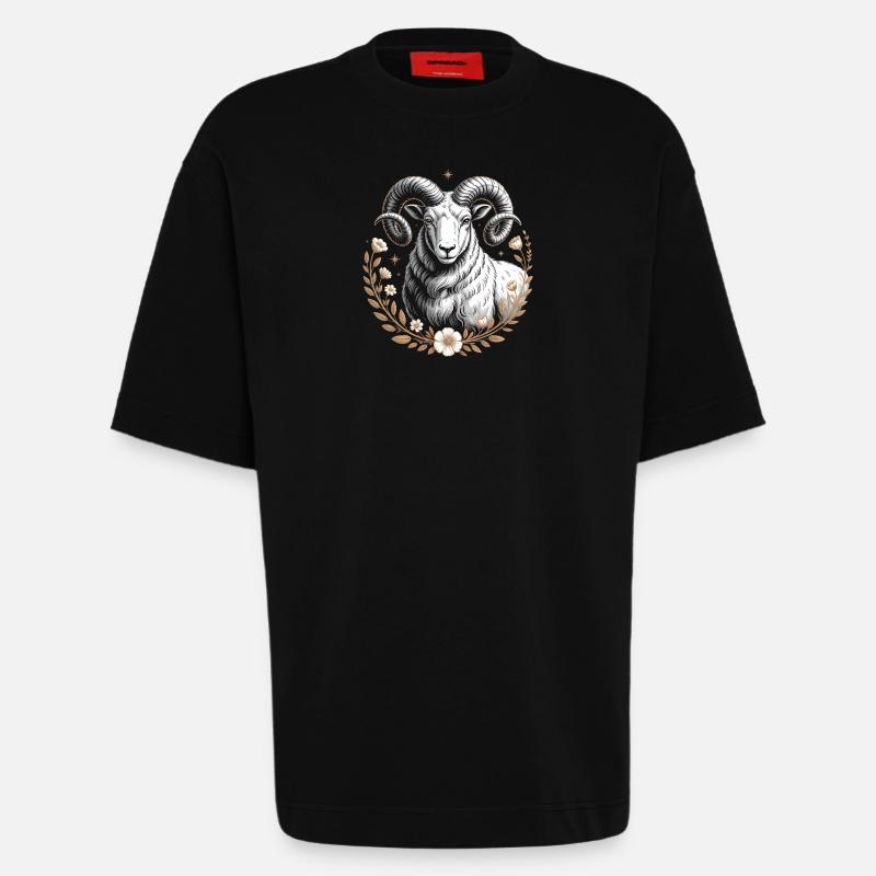 Widder Sternzeichen Mit Blumen Und Sternen - Heavyweight T-Shirt - made by SPREAD  - SOLID BLACK
