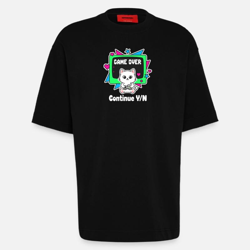 Retro Cats Controller Game Over - T-shirt bio épais oversize fabriqué en UE - SOLID BLACK