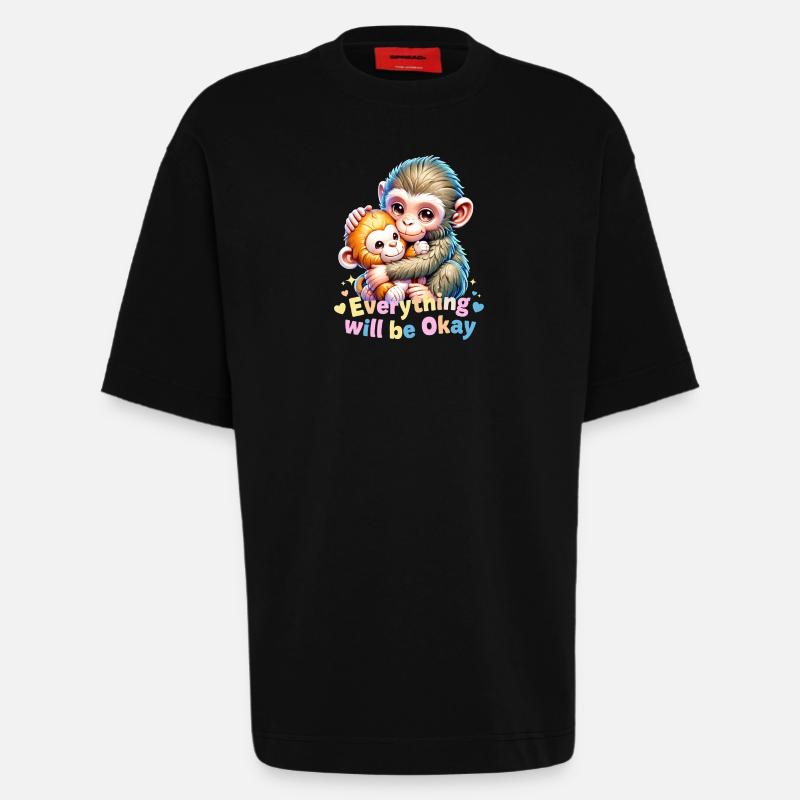 Everything Will Be Okay Monkey Hug - Heavyweight T-Shirt - made by SPREAD - SOLID BLACK
