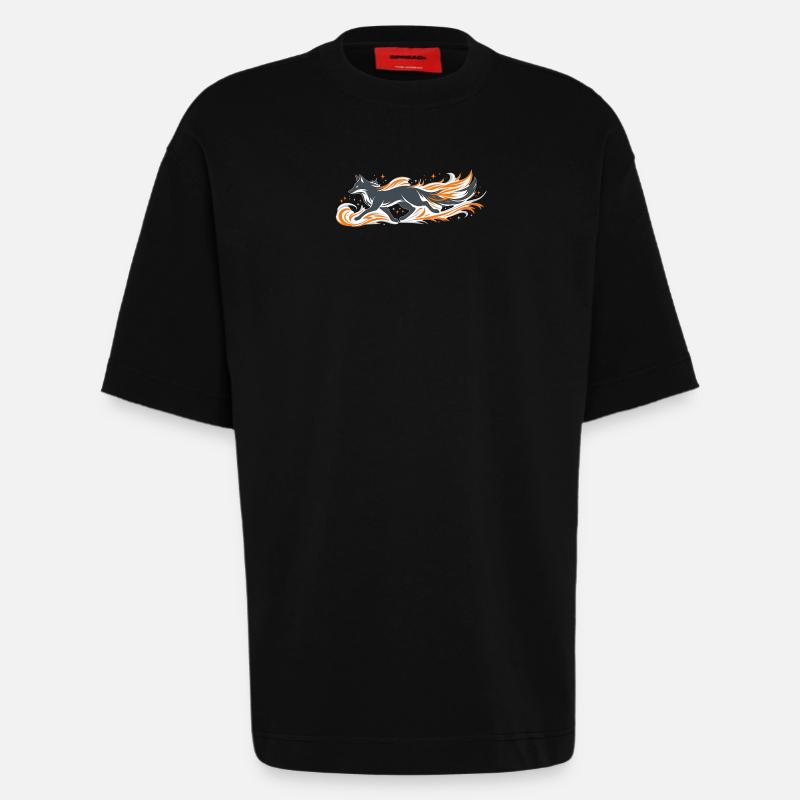 Flaming fox in fire flight - Heavyweight T-Shirt - made by SPREAD  - SOLID BLACK