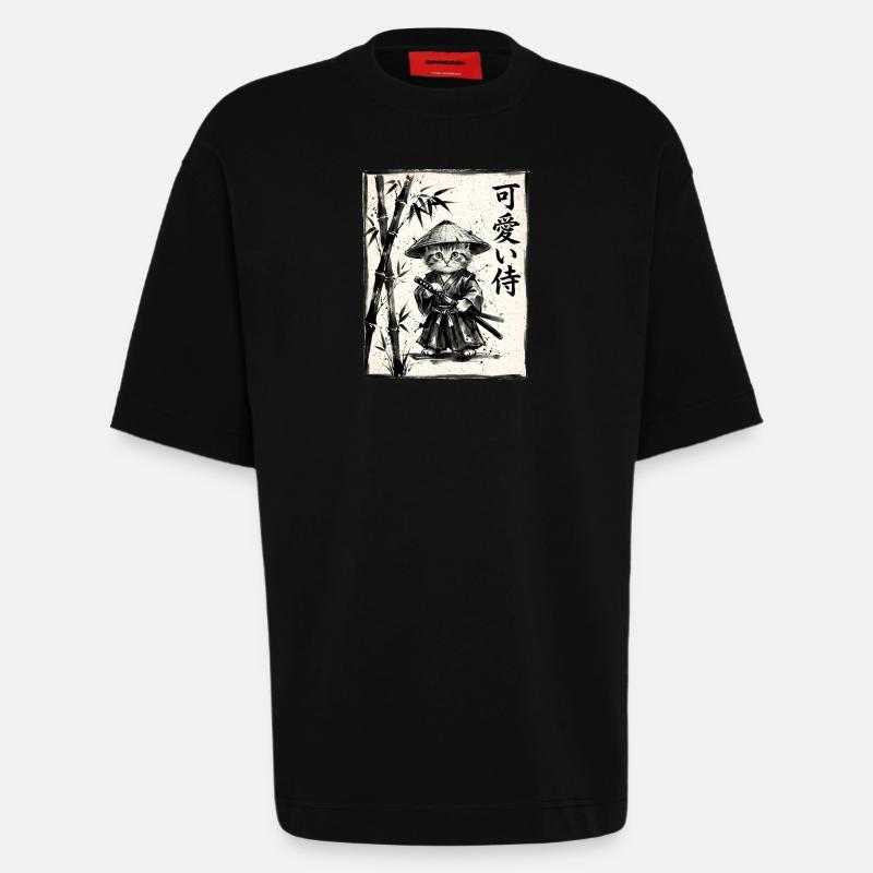 Samurai Cat Sumi-e Ink Drawing - Heavyweight T-Shirt - made by SPREAD  - SOLID BLACK