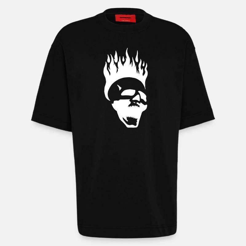Flaming screaming skull (white) - Heavyweight T-Shirt - made by SPREAD  - SOLID BLACK
