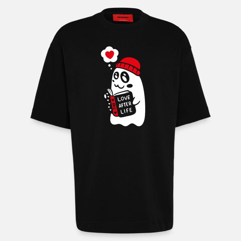 Cute Ghost Reading Romantic Book - Heavyweight T-Shirt - made by SPREAD - SOLID BLACK