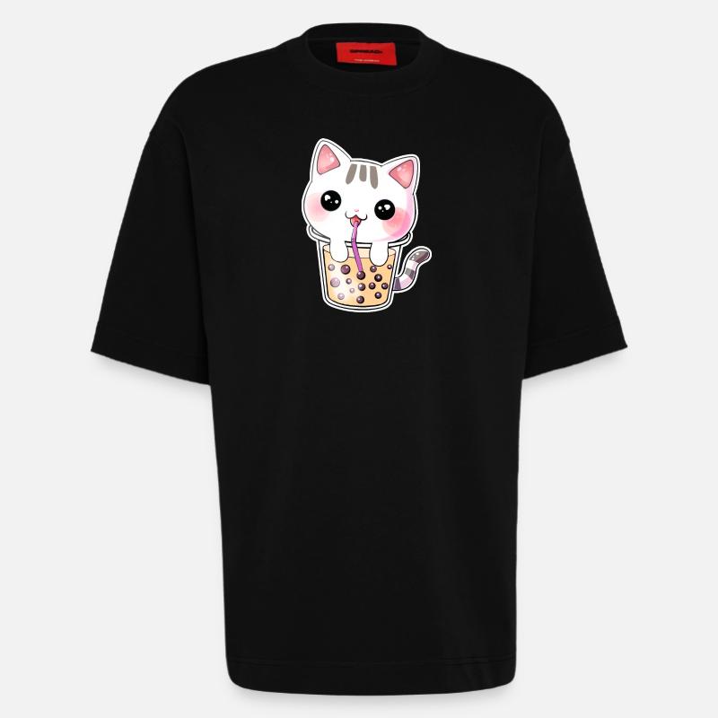 Kawaii Bubble Tea Katze - Heavyweight T-Shirt - made by SPREAD  - SOLID BLACK