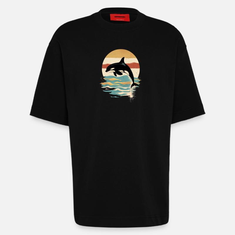 Orca Retro Sunset Ocean - Heavyweight T-Shirt - made by SPREAD - SOLID BLACK