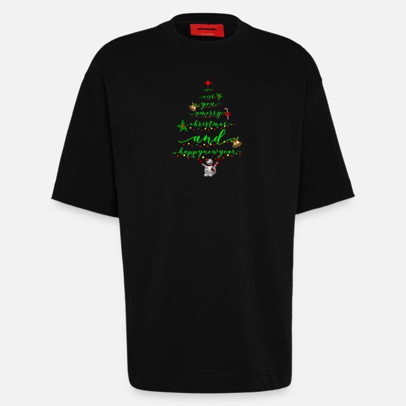 Script Christmas Tree with Snowman - Heavyweight T-Shirt - made by SPREAD  - SOLID BLACK