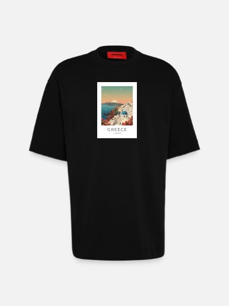 Santorini Sunset Coastal View - Heavyweight T-Shirt - made by SPREAD  - SOLID BLACK