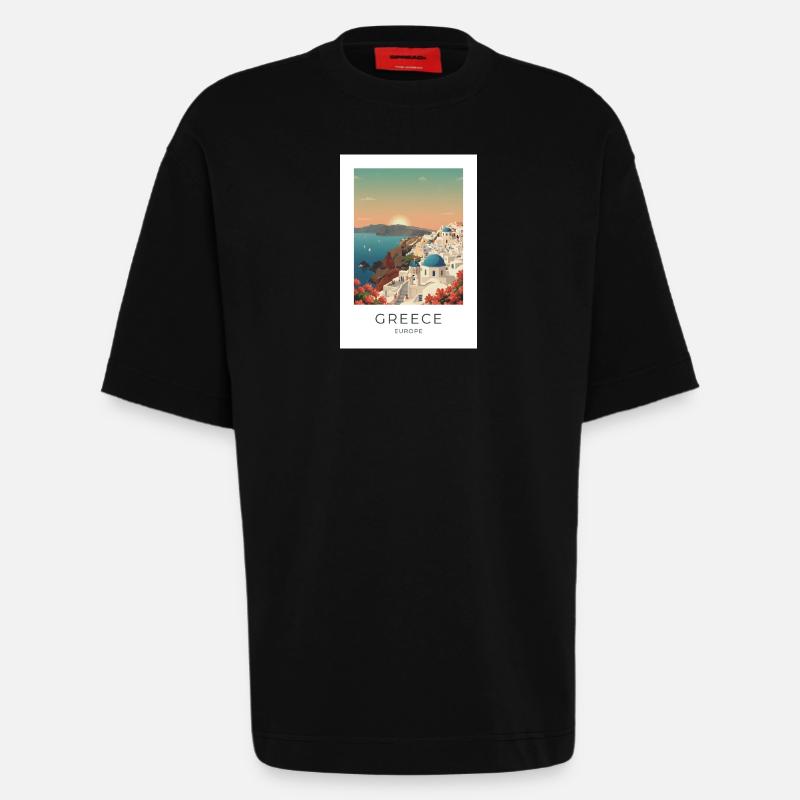 Santorini Sunset Coastal View - Heavyweight T-Shirt - made by SPREAD  - SOLID BLACK