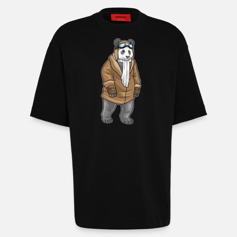 Panda Pilot Cap - Heavyweight T-Shirt - made by SPREAD  - SOLID BLACK