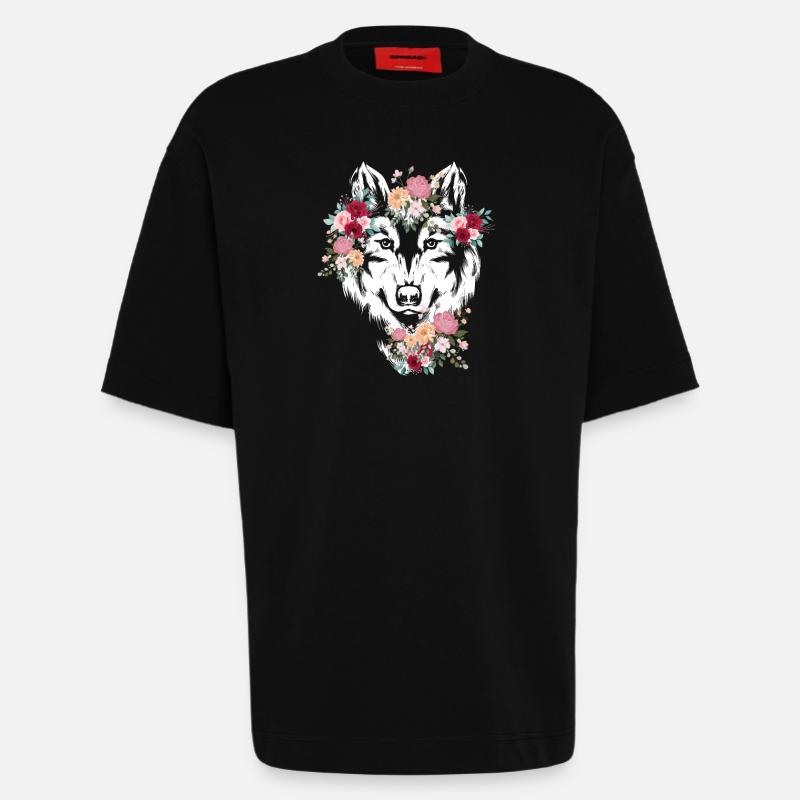 Wolf Wolfskopf Blumen Deko - Heavyweight T-Shirt - made by SPREAD - SOLID BLACK