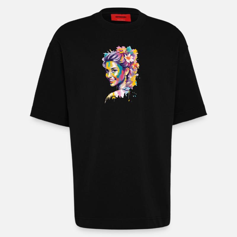 Buntes Blumiges Popporträt - Heavyweight T-Shirt - made by SPREAD - SOLID BLACK