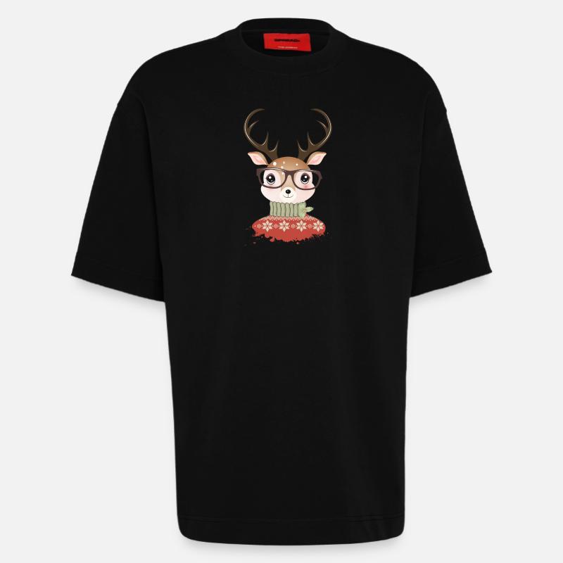 Hirsch mit Weihnachtspullover und Nerd Brille - Heavyweight T-Shirt - made by SPREAD  - SOLID BLACK