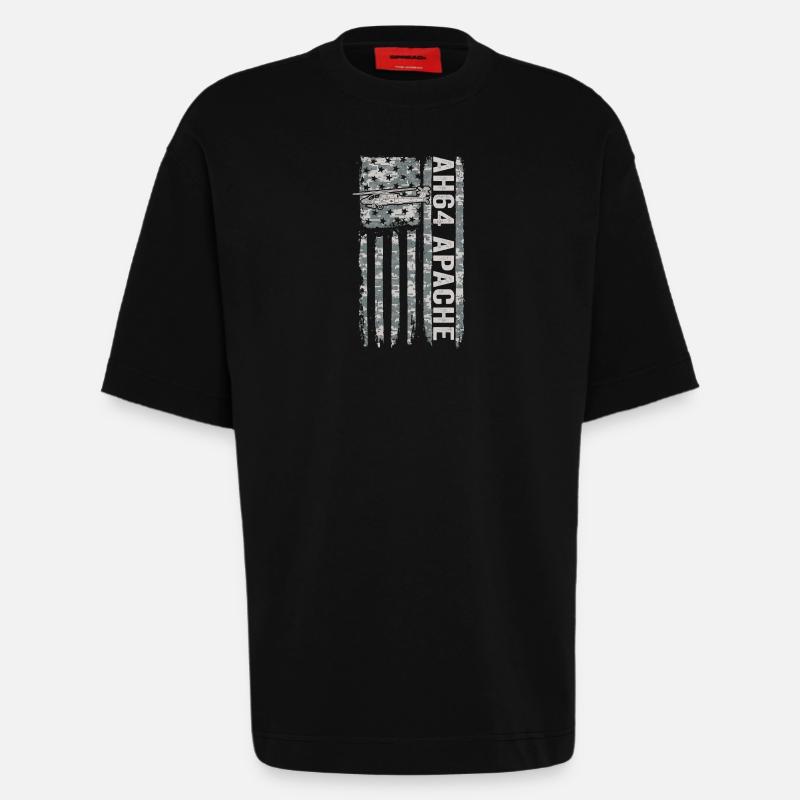 Hélicoptère AH-64 Apache avec drapeau américain - T-shirt bio épais oversize fabriqué en UE - SOLID BLACK