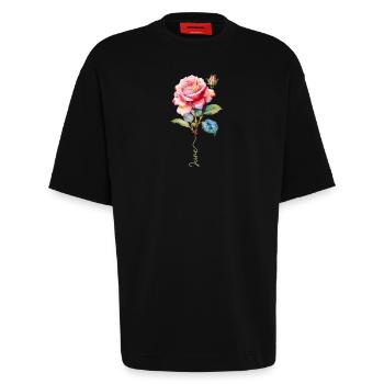 Peint en rose avec des détails éclatants - T-shirt bio épais oversize fabriqué en UE - SOLID BLACK - Devant - Fiona (171cm)
