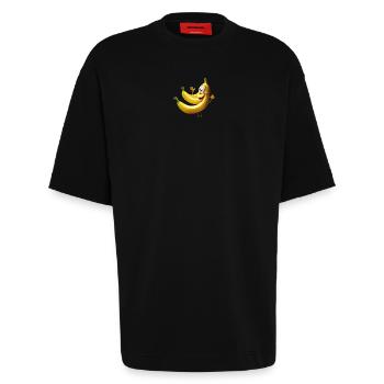 Fröhliche Cartoon Banane mit Gesicht - lustiges - Heavyweight T-Shirt - made by SPREAD  - SOLID BLACK - Vorne - Fiona (171cm)