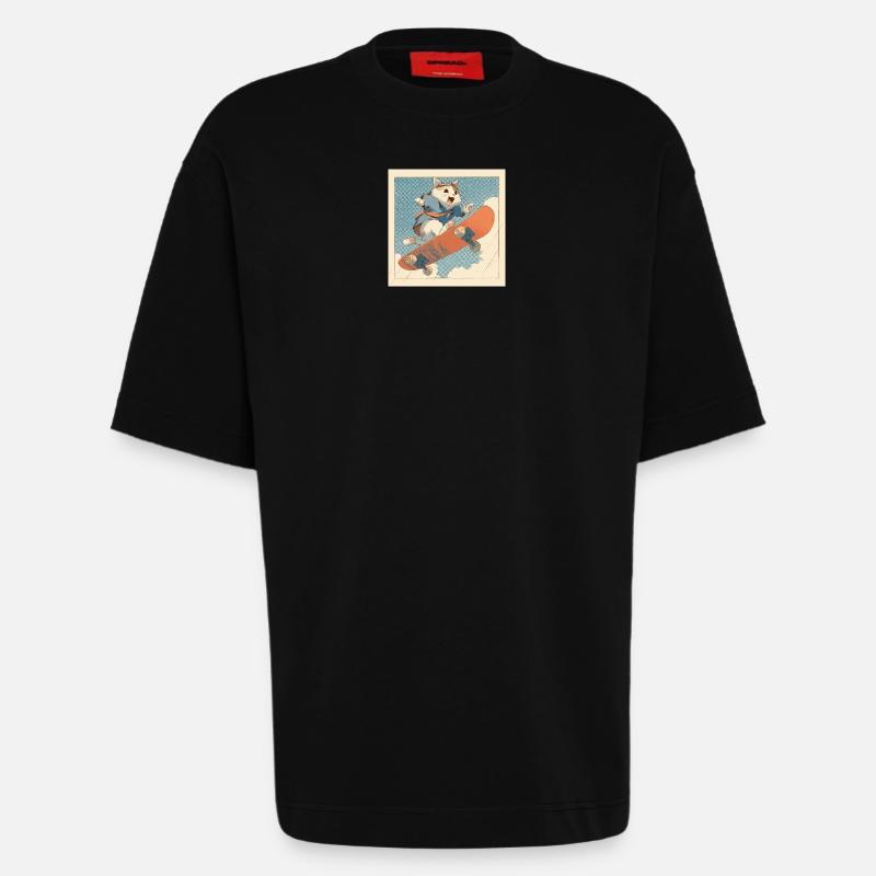 Retro Cat Skateboarder in Flight - Heavyweight T-Shirt - made by SPREAD  - SOLID BLACK