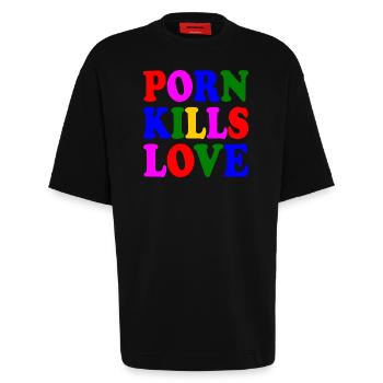 Porn kills love - Heavyweight T-Shirt - made by SPREAD  - SOLID BLACK - Vorne - Fiona (171cm)