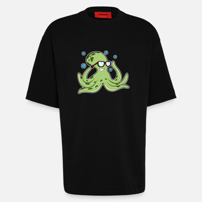 Pieuvre avec lunettes - T-shirt bio épais oversize fabriqué en UE - SOLID BLACK