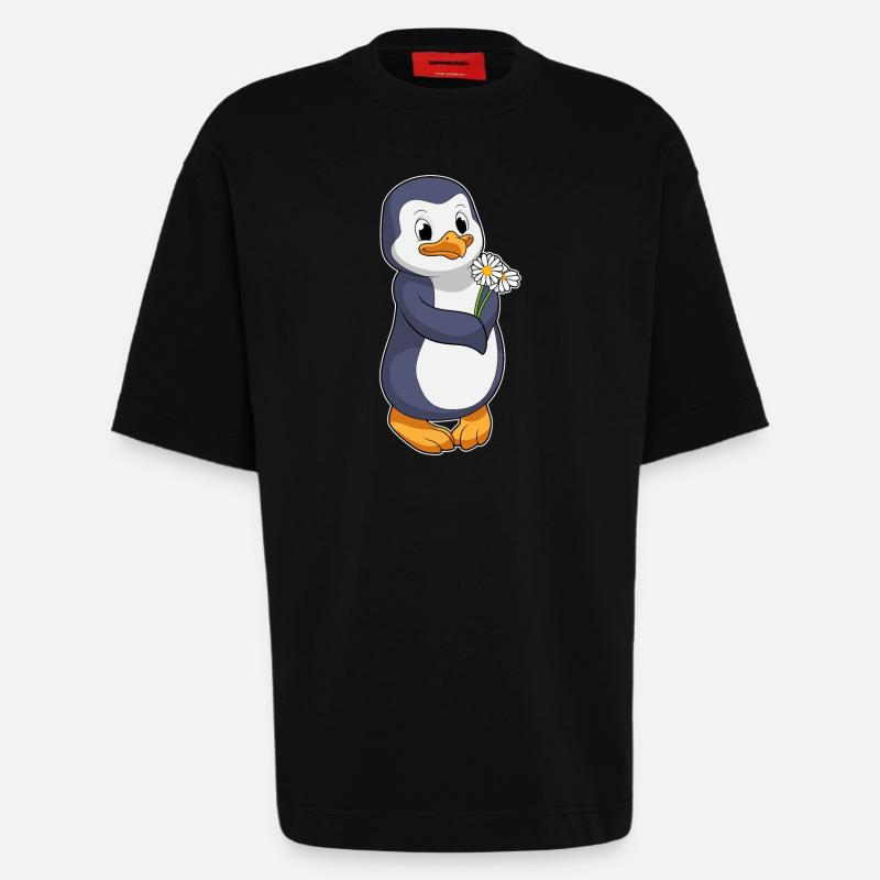Pinguin mit Gänseblümchen - Heavyweight T-Shirt - made by SPREAD - SOLID BLACK