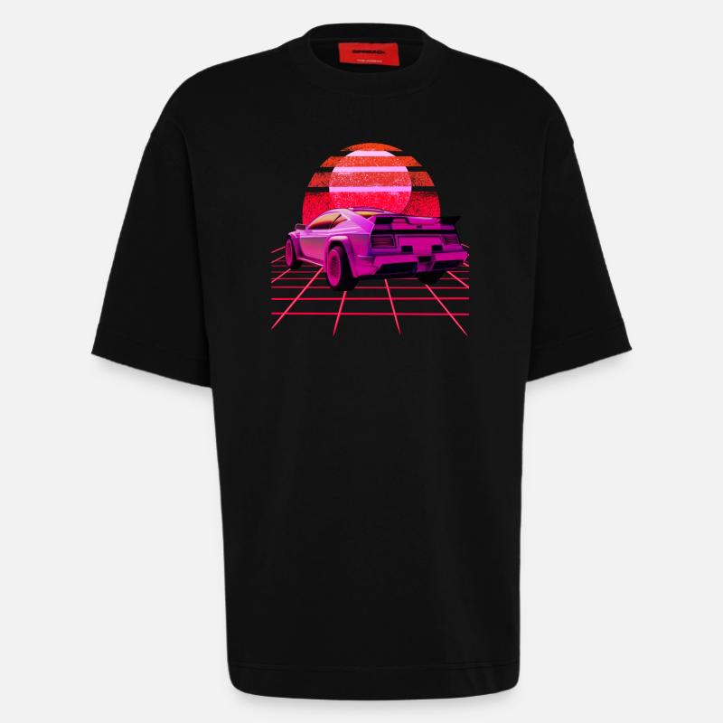 Retro Wave super Car Sunset - Heavyweight T-Shirt - made by SPREAD  - SOLID BLACK