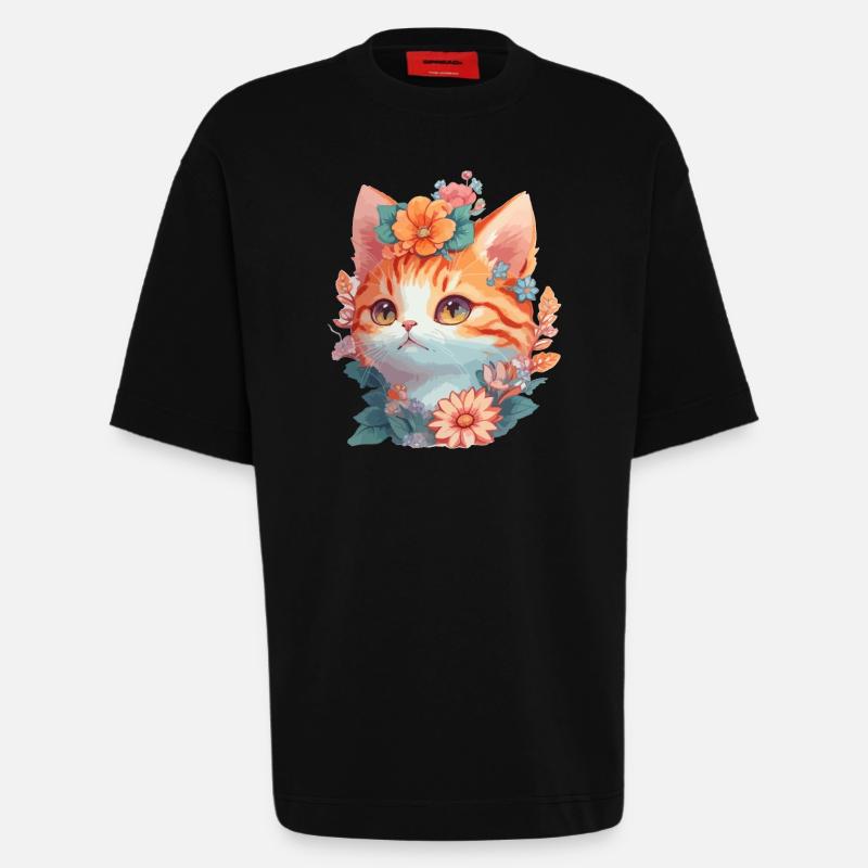 Rote Katze mit Blumen - Heavyweight T-Shirt - made by SPREAD  - SOLID BLACK