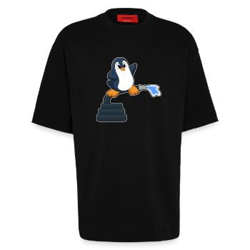 Penguin Firefighter Fire Hose Fire Brigade - Heavyweight T-Shirt - made by SPREAD  - SOLID BLACK - Front - Fiona (171cm)