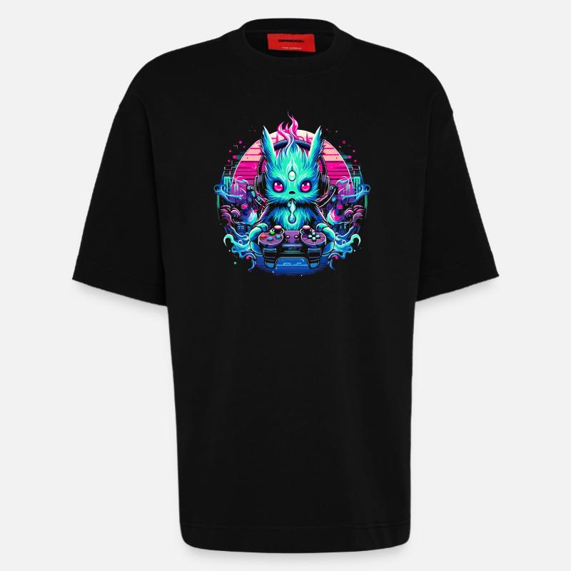 Synthwave Zocker Gaming Alien - Heavyweight T-Shirt - made by SPREAD - SOLID BLACK