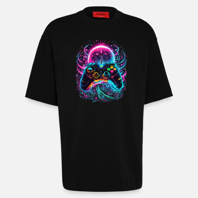 Synthwave Cyberpunk Gaming Controller - Heavyweight T-Shirt - made by SPREAD  - SOLID BLACK