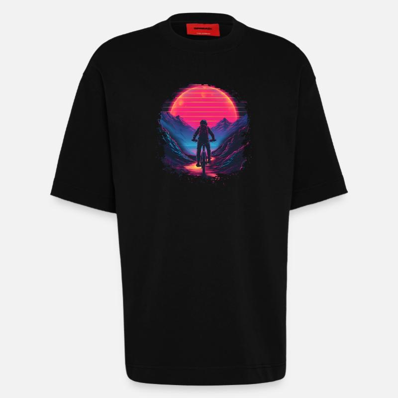 Mountain Biking Synthwave - Heavyweight T-Shirt - made by SPREAD  - SOLID BLACK