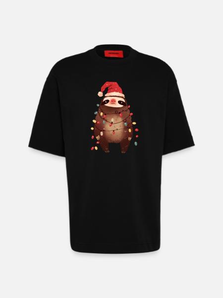 Funny Sloth Fairy Lights Christmas Tree - Heavyweight T-Shirt - made by SPREAD - SOLID BLACK
