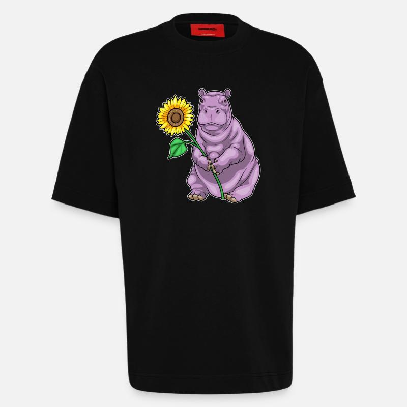 Nilpferd Sonnenblume Blumen - Heavyweight T-Shirt - made by SPREAD  - SOLID BLACK