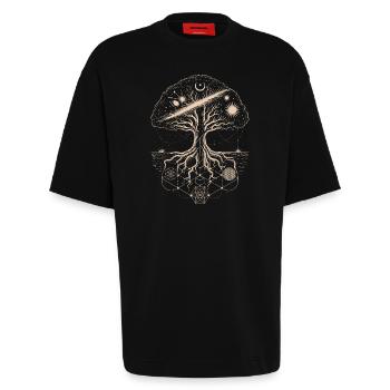 Mystischer Baum des Lebens Geometrie Kunst - Heavyweight T-Shirt - made by SPREAD  - SOLID BLACK - Vorne - Fiona (171cm)
