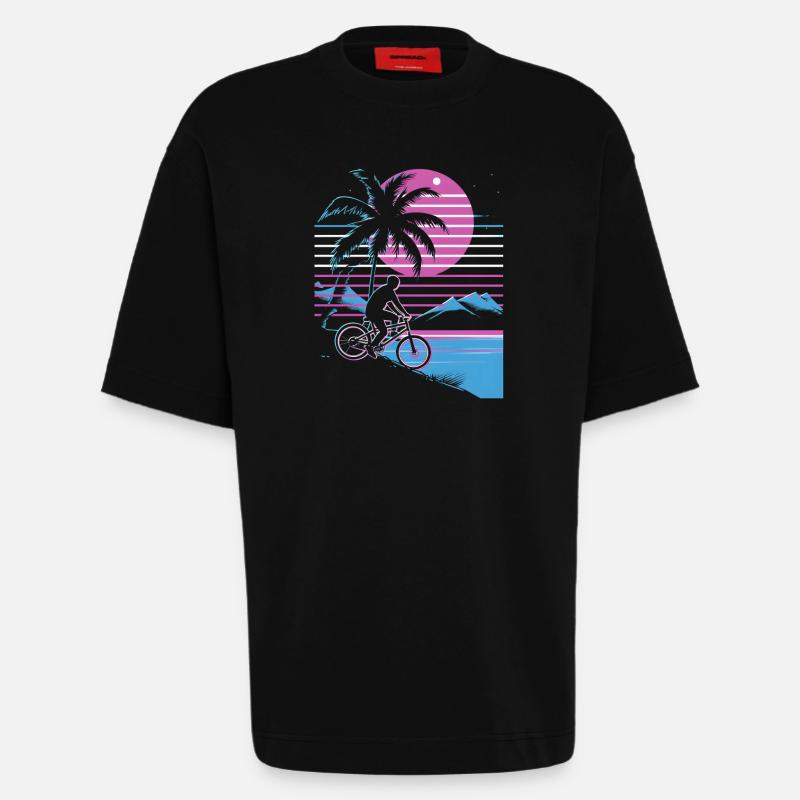 Mountain Biking Synthwave - Heavyweight T-Shirt - made by SPREAD  - SOLID BLACK