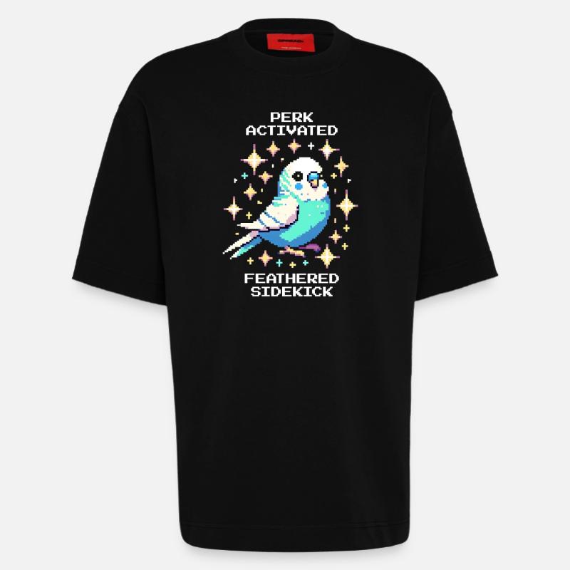 Perk active: Feathered Sidekick | Budgie - Heavyweight T-Shirt - made by SPREAD  - SOLID BLACK