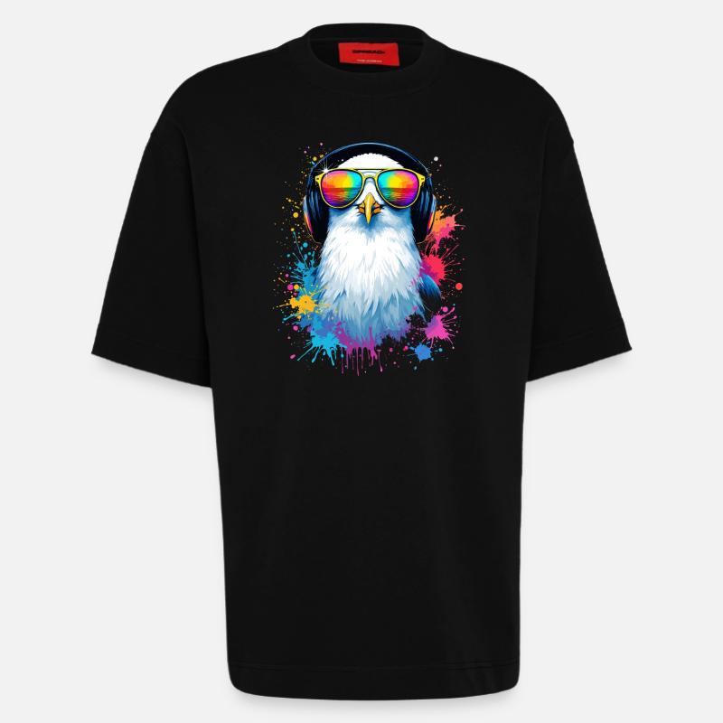 Bunte Möwe Vogel mit Kopfhörer Sonnenbrille - Heavyweight T-Shirt - made by SPREAD  - SOLID BLACK