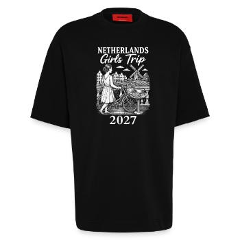 Voyage entre filles aux Pays-Bas 2027 - T-shirt bio épais oversize fabriqué en UE - SOLID BLACK - Devant - Fiona (171cm)